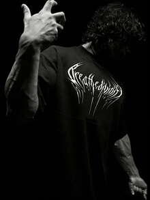 RISE LYT 男士休闲时尚街头字母印花落肩宽松运动T恤，夏季 - 黑色 - 查看 1