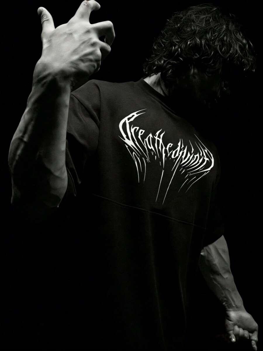 RISE LYT 男士休闲时尚街头字母印花落肩宽松运动T恤，夏季 - 黑色 - 查看 1