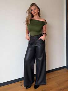 Jeta Ari Military Green Off Shoulder Knit T-Shirt, Summer - Army Green - View 5