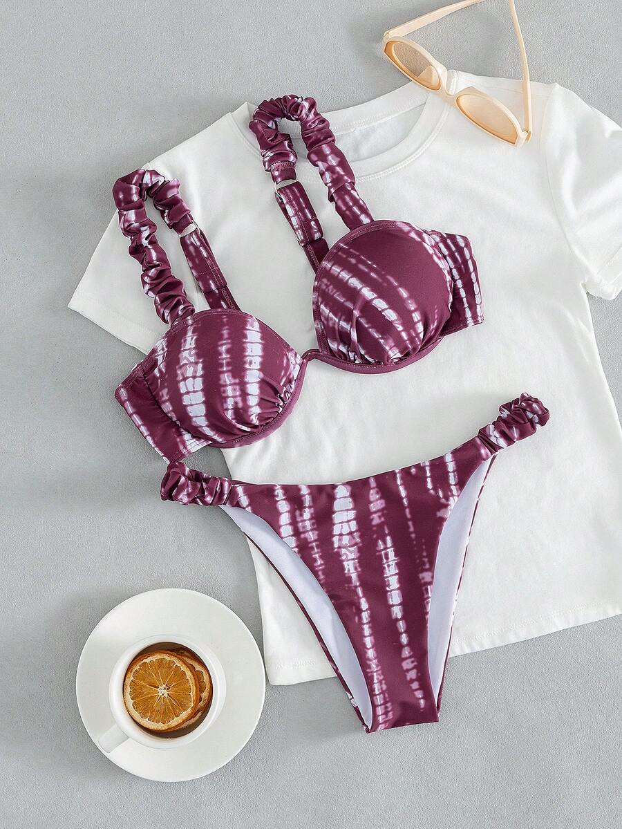 SoleilVie 女士复古酒红色扎染褶皱肩带钢圈比基尼套装，侧边褶皱设计，酒红色花卉印花，适合海滩度假 - 彩色 - 查看 1