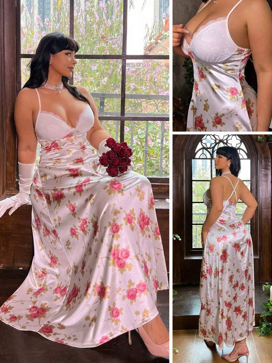 Lyrianda Vestido de fiesta elegante con volantes de encaje y estampado floral con recogido en la cintura para mujer de talla grande - Multicolor - Ver 1