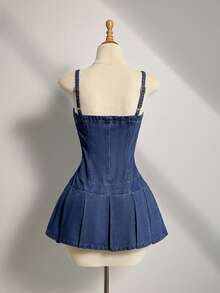 Elamini 女士休闲时尚街头风日常通勤搭扣褶裥下摆牛仔吊带裙，夏季 - 藍色 - 查看 2