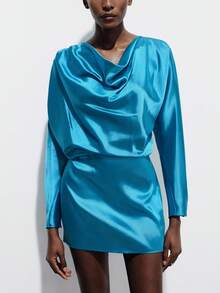 Aveloria Modichic Vestido mini ajustado de manga larga con cuello de satén y cintura ceñida, diseño de lujo elegante y urbano para ir al trabajo y salir de noche - Azul - Ver 4