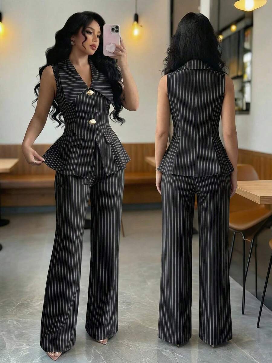 SHEIN Elenzya 女士条纹金属扣上衣和裤子休闲日常套装 - 黑與白 - 查看 1