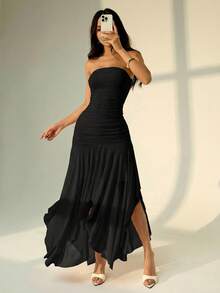 SHEIN PETITE Đầm cúp ngực xếp ly bất đối xứng dành cho nữ, thích hợp cho các buổi hẹn hò và mùa cưới, đầm hè cho nữ. - màu đen - Xem 8