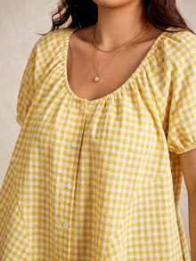 Elaquor Plus Size Women Plaid Round Neck Casual Versatile Daily Wear Short Sleeve Shirt - Yellow - View 5