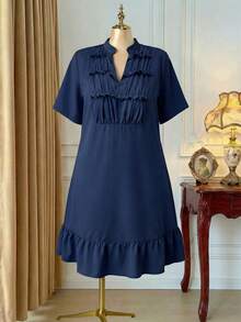 Rometta Plus Size Women Solid Color Casual V-Neck Ruched Cut-Out Midi Dress - Navy Blue - View 6