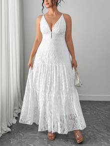Elenzga Plus Size V-Neck Ruffle Trim Elegant Dress - White - View 7