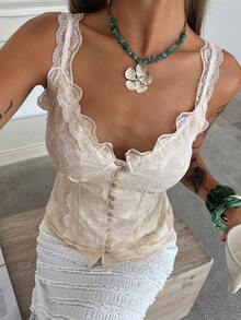 Women's Floral Contrast Lace Trim Camisole, Elegant Waist Cinched Vacation Summer Top - Apricot - View 6