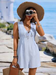SHEIN Holidaya Bộ jumpsuit nữ không tay dáng rộng cổ chữ V sâu, thắt eo, xếp ly, màu xanh nhạt, chất liệu có họa tiết, trang phục thường ngày cho kỳ nghỉ xuân/hè. - Màu xanh lam - Xem 6