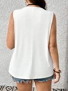 EMERY ROSE Áo tank top dệt kim không tay cổ chữ V phối ren, màu trơn, dáng rộng dành cho nữ, cỡ lớn. - trắng - Xem 2