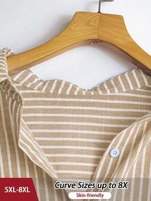 SHEIN CURVE+ 大码女式休闲百搭法式复古优雅都市女性风，独特经典蓝白条纹设计，修身优雅，适合搭配衬衫、外套等。 - 卡其色 - 查看 4