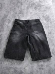 Manfinity ZONE917 男士休闲水洗阔腿牛仔短裤 - 深灰色 - 查看 4