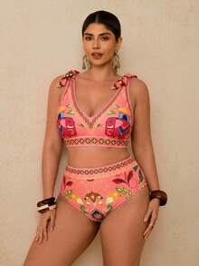 Travachic Plus Size Tropical Print Vacation Casual Beach Wear, Halter Neck Bohemian Style Printed 2-Piece Swimsuit For Women - Multicolor - View 3