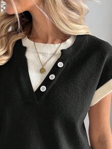 Easowa 女士休闲通勤撞色针织背心，休闲撞色亨利领套头衫，柔软针织二合一毛衣，夏季米色，休闲服饰 - 黑與白 - 查看 6