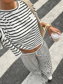 Muchica Women's Summer New Knit Striped Casual Loose Short Sleeve T-Shirt And Pants Set - White - View 3