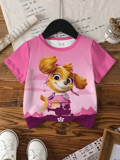 SHEIN | PAW Patrol 卡通狗印花短袖休闲T恤，适合年轻女孩