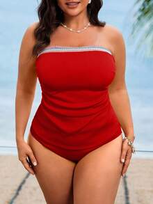 Swim Lushoire Áo tắm nữ cỡ lớn màu hồng cổ yếm xẻ tà, đồ bơi cao cấp phối nhiều mảnh giúp thon gọn vóc dáng khi đi nghỉ mát biển. - Đỏ - Xem 6