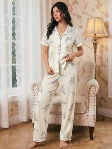 Modelyn Floral Print Women Contrast Trim Pocket Pajama Set Holiday Season, Bountiful Floral Splendor  Cozy And Elegant Details - Beige - View 5