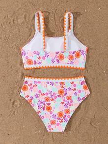 SHEIN Set Bikini untuk Anak Perempuan Remaja, 2 Potong Pakaian Renang Motif Bunga & Daun Putih, Atasan Tali Kerang Bordir Boho & Bawahan Segitiga, Liburan Musim Panas Pesta Kolam Renang - Merah - View 2