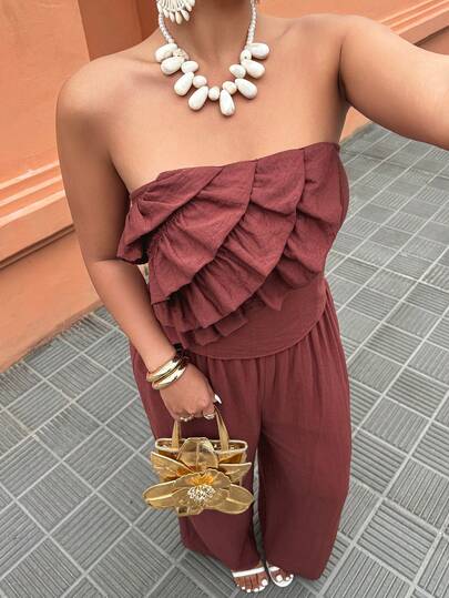 Weeklong Plus Size Women's Casual Vacation Multi-Layer Ruffle Decor Backless Bandeau Top And Wide Leg Pants Set, Spring/Summer