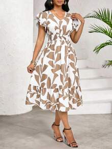 SHEIN Lady Vestido casual de mujer de longitud media con cintura fruncida y estampado, con lazo - Multicolor - Ver 5