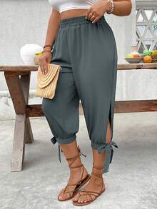 EMERY ROSE Plus Size High Waist Drawstring 7/8 Pants, Spring/Summer - Grey - View 6