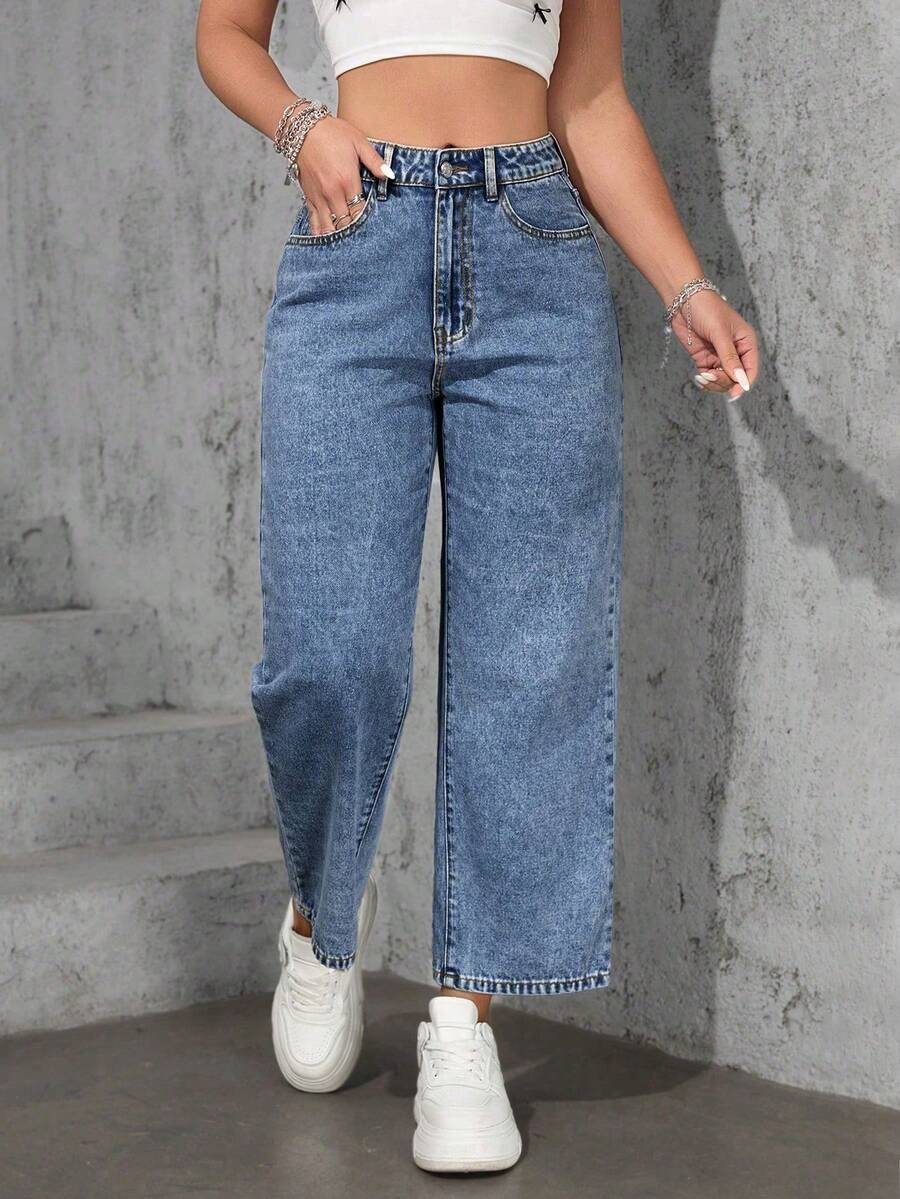 SHEIN ICON Jeans droits amples et décontractés bleu clair sans stretch pour grandes tailles - Jean bleu - Voir 1