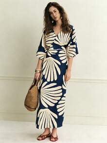 Rafferiza Vestido largo ajustado con cuello en V relajado, manga 3/4, diseño envolvente con estampado de agua, estilo elegante de vacaciones de primavera/verano 2026 para mujeres - Azul - Ver 3