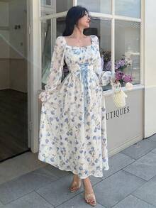 Feyla 女士时尚印花方领系腰中长连衣裙 - 淺藍色 - 查看 3
