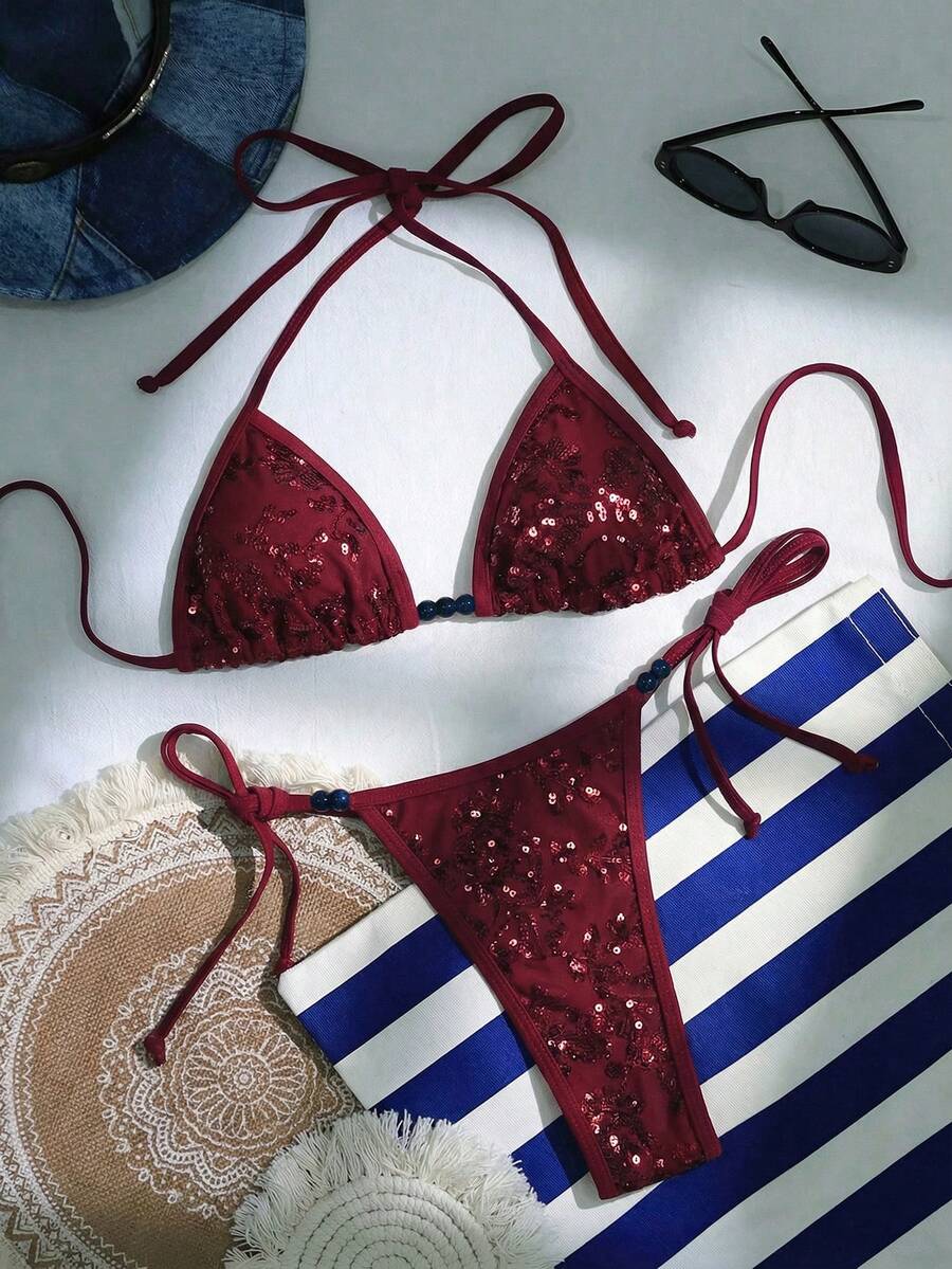 SHEIN Swim 两件套亮片刺绣性感蕾丝挂脖比基尼套装,含丁字裤,渐变珍珠装饰,大胆前卫的性感沙滩派对造型,适合女性 - 紅色 - 查看 1