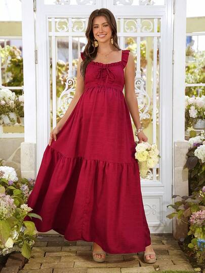 Momance 红色系带腰身宽松下摆连衣裙，简约优雅休闲假日风孕妇装