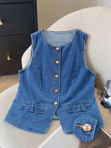 GlowEve CURVE Áo khoác denim không tay cài cúc phía trước, dáng rộng, dành cho nữ, cỡ lớn, mùa xuân/hè. - Rửa trung bình - Xem 3