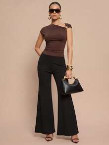 Leighera Black High Waist Elegant Elastic Waist Fashionable Wide Leg Pants - Black - View 2