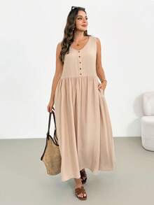 Shapeblank Đầm dài không tay màu kaki có túi, cài nút, dành cho nữ cỡ lớn, thời trang xuân/hè, kiểu dáng thường ngày, rộng rãi, thoáng mát, thoải mái, đa năng, tôn dáng, thích hợp mặc hàng ngày, trang phục mùa hè, trang phục đi nghỉ mát, phong cách đơn giản, mùa hè châu Âu. - Màu be - Xem 4