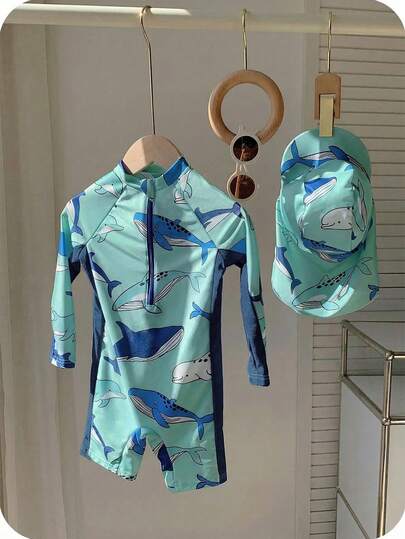 SHEIN 2pcs/Set Young Boys Cute Cartoon Print Color Block Long Sleeve Rash Guard & Hat Swimsuit Set, Suitable For Beach, Pool, Spring/Summer