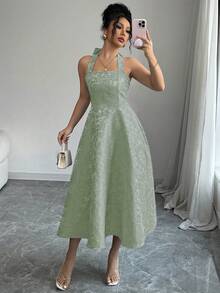 SHEIN Clasi Gaun Flare Jacquard Romantis dengan Ikat Pinggang - Hijau - View 3