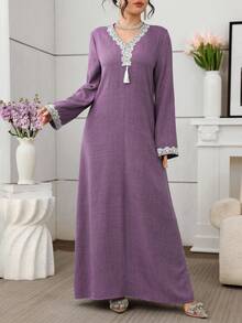 Al Najma Embroidered Loose Elegant Long Sleeve Turkish & Arabic Traditional Maxi Dress For Women - Purple - View 7