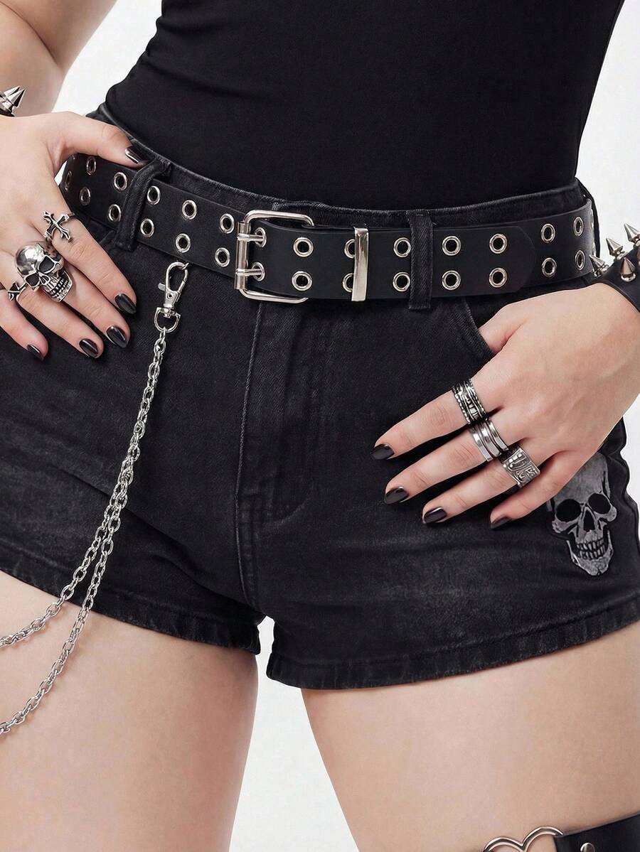 Whyspr Street Steampunk Grommet Eyelet & Chain Decor Square Buckle Belt For Jeans Pants Halloween Summer, School Fall, Autumn, Halloween - Black - View 1