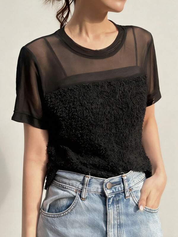 FRIFUL Tricou de vară pentru femei, cu model patchwork, din plasă transparentă, croială slim fit, versatil