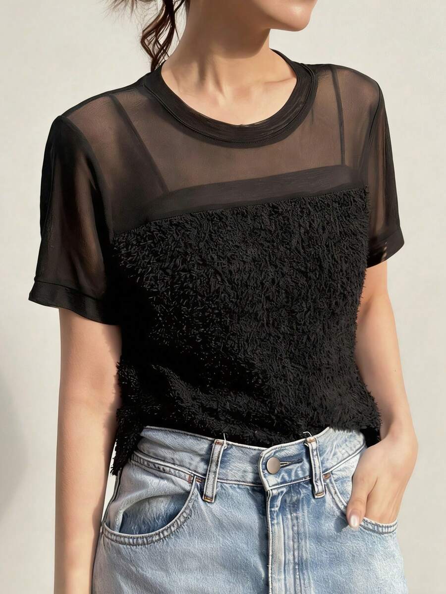 FRIFUL Camiseta de mujer de verano de unicolor, con parches de malla transparente, ajuste ceñido y versátil - Negro - Ver 1