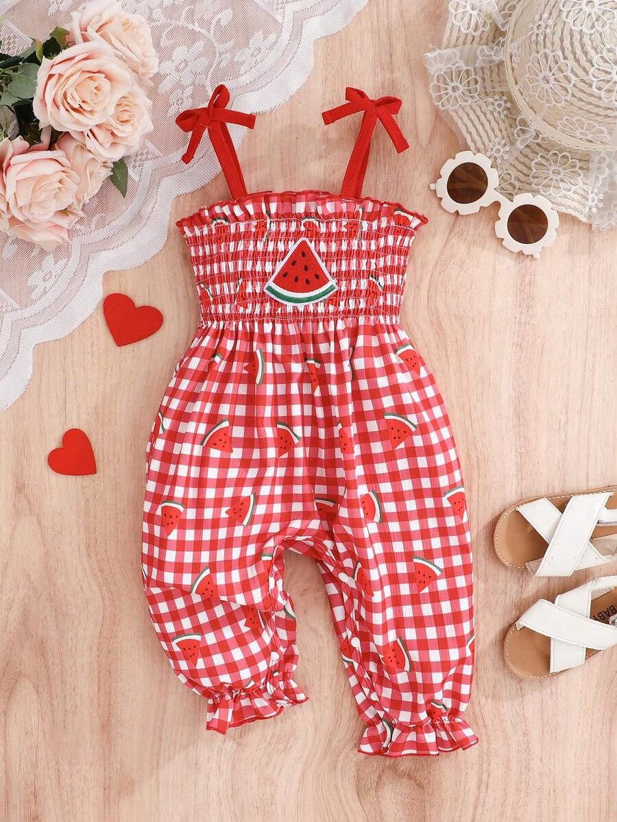 SHEIN 女婴夏季连体衣，饰有可爱的草莓刺绣、草莓印花和黑白格子图案，休闲可爱户外装扮 - 紅色 - 查看 1