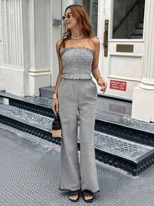 Serisse 女士度假休闲格子抹胸上衣和裤子两件套 - 黑與白 - 查看 6