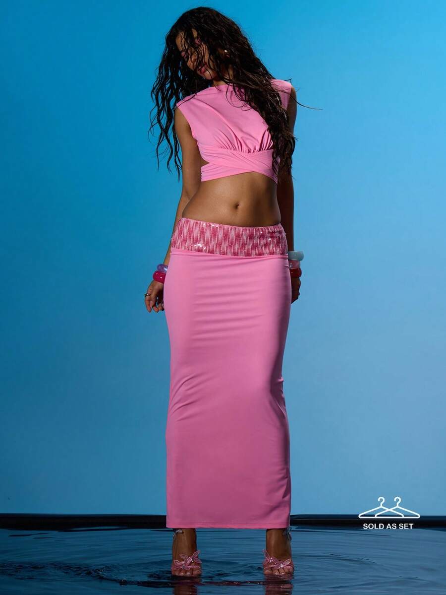 MUSERA 高领修身交叉下摆亮片拼接上衣搭配低腰长裙，套装出售，适合夏季性感外出、海滩度假、伊比沙岛俱乐部等热带风情场合。 - 紫丁香色 - 查看 1