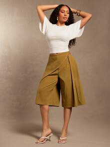 Vixey Khaki Asymmetrical Wrap Panel Bermuda Shorts - Camel - View 3