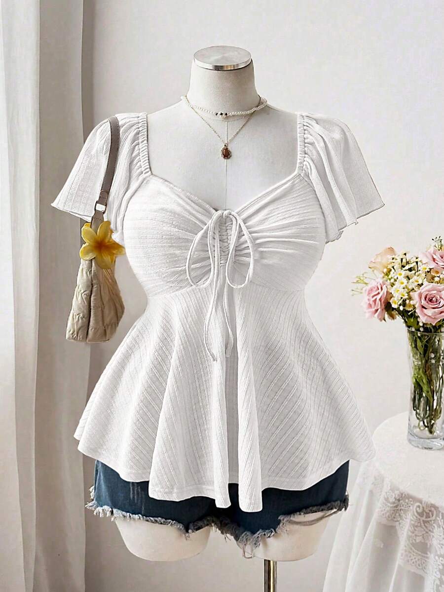 Sweetra Áo thun nữ cỡ lớn cổ vuông tay bồng dây rút eo nơ dáng chữ A chất liệu vải dệt họa tiết cổ điển thanh lịch dễ thương phong cách thường ngày dành cho nữ - trắng - Xem 1