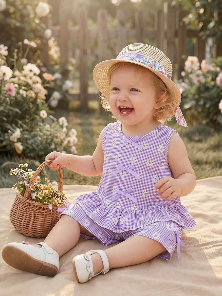 SHEIN 女婴雏菊印花紫色格子上衣和裤子套装,2件套,面料柔软舒适,荷叶边蝴蝶结装饰,甜美可爱,适合居家、外出、夏季度假穿着。 - 彩色 - 查看 1