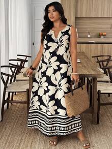 Weeklong Plus Size Women's A-Line V-Neck Sleeveless Solid Color Floral Print Casual Vacation Dress, Spring/Summer - Black and White - View 3