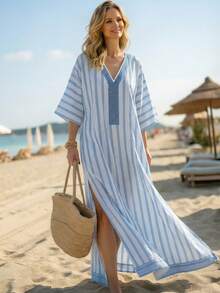 时尚宽松休闲印花V领条纹混纺面料女士度假旅行睡袍 - 彩色 - 查看 6