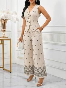 SHEIN Lady Bộ đồ công sở thanh lịch dành cho nữ, áo và quần ống rộng thêu hoa, thích hợp cho mùa hè. - Màu xanh nhạt - Xem 3